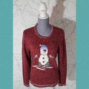 Episcia Heathered Red Cotton Knit Crewneck Sweater w/ Snowman